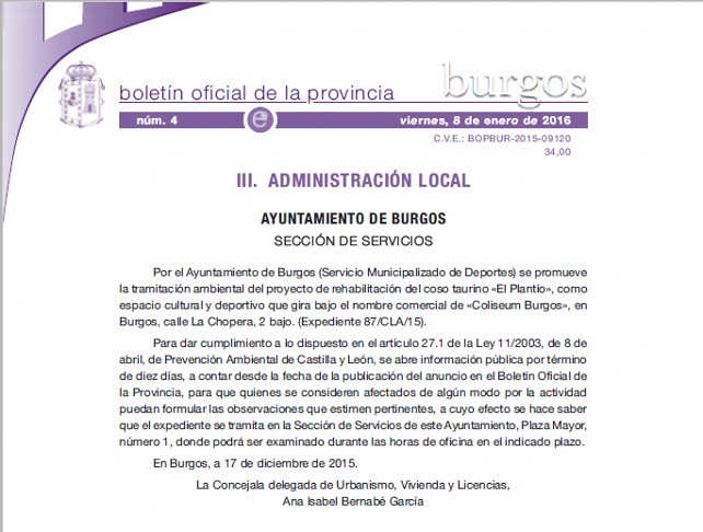 Captura del Boletín Oficial de la Provincia a fecha de 8 de enero de 2016