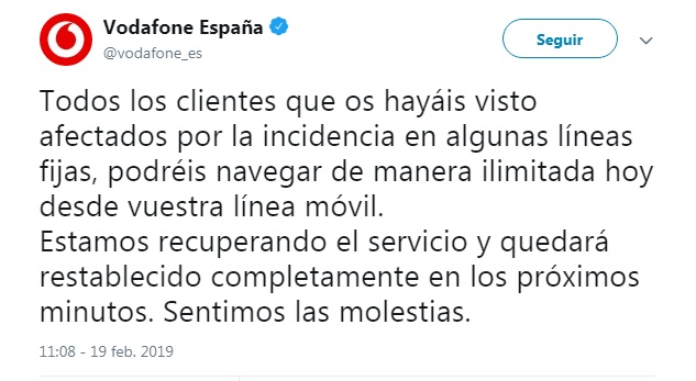 Tweet oficial de la cuenta de Vodafone