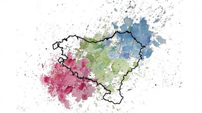 Representación con colores de la mezcla y estructura genética en el País Vasco; el verde simbolizando los vascos, y el azul y rojo la mezcla con las poblaciones circundantes. / André Flores-Bello.