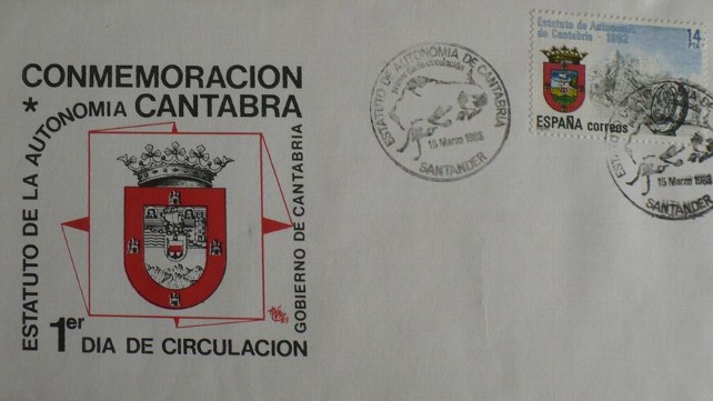 Sobre y sello conmemorativos del Estatuto de Cantabria. Wikipedia 